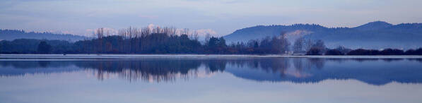 Lake Art Print featuring the photograph Cerknica lake at dawn with snow covered alps in background #1 by Ian Middleton