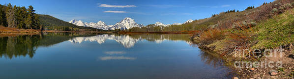 Oxbow Art Print featuring the photograph Distant Mt. Moran Reflections by Adam Jewell