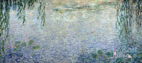 Impressionist Art Print featuring the painting Waterlilies Morning with Weeping Willows by Claude Monet