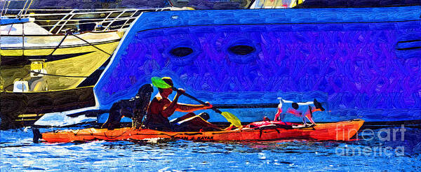 Kayak Art Print featuring the painting A Man His Kayak and His Dogs by Kirt Tisdale