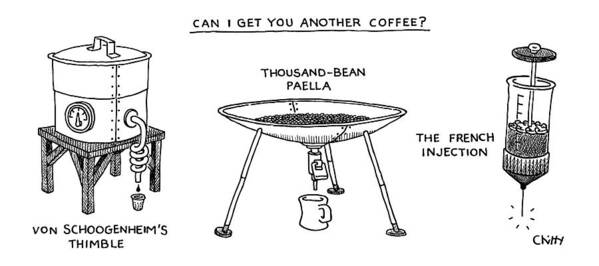 Captionless Coffee Art Print featuring the drawing A Triptych Of Eccentric Coffee Devices by Tom Chitty