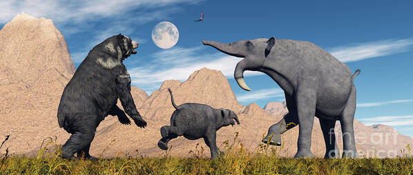 Digitally Generated Image Art Print featuring the digital art An Arctodus Bear Chasing A Young by Mark Stevenson