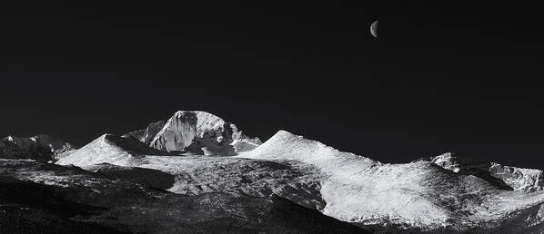 Monochrome Art Print featuring the photograph Half Moon over Longs Peak by Darren White