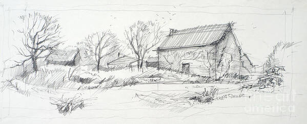 Sketch Art Print featuring the drawing Old barn sketch by Peut Etre