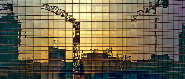 Architecture Art Print featuring the photograph Reflected cranes at sunset by Roberto Pagani