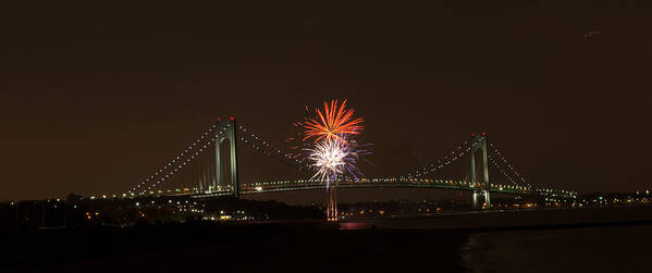 Bridge Photography With Fireworks Art Print featuring the photograph Verrazano Narrows Bridge Fireworks by Kenneth Cole