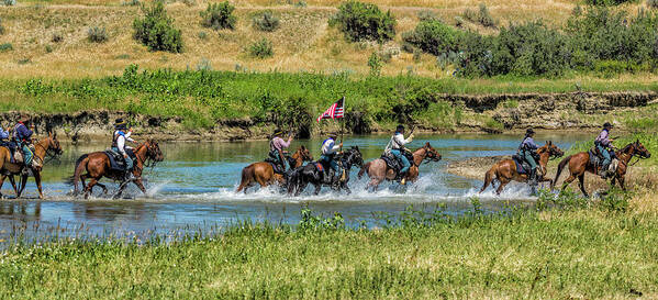 Little Bighorn Re-enactment Art Print featuring the photograph 7th Cavalry Riding Across Little Bighorn River by Donald Pash