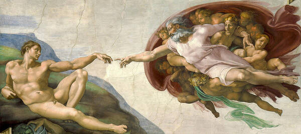 Creation Of Adam Art Print featuring the painting Creation of Adam - Painted by Michelangelo by War Is Hell Store