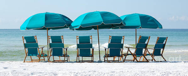Destin Art Print featuring the photograph Destin Florida Six Beach Chairs and Three Umbrellas Panoramic by Shawn O'Brien