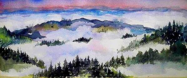Fog In The Redwoods Art Print featuring the painting Fog Above by Esther Woods