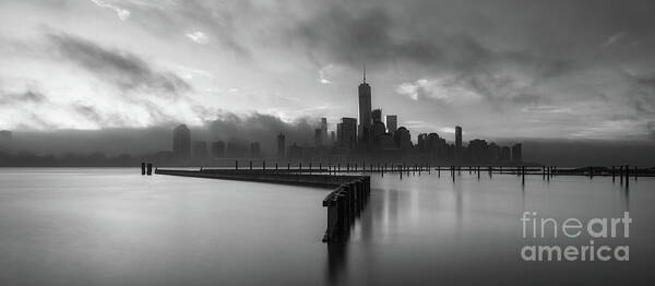 Manhattan Art Print featuring the photograph Manhattan On Fire BW Pano by Michael Ver Sprill