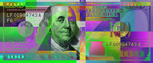 'paper Currency' Collection By Serge Averbukh Art Print featuring the digital art New 2009 Series Pop Art Colorized US One Hundred Dollar Bill No. 4 by Serge Averbukh