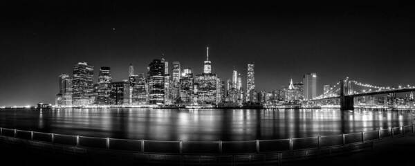 New York City Skyline Art Print featuring the photograph New York City Skyline Panorama At Night BW by Az Jackson