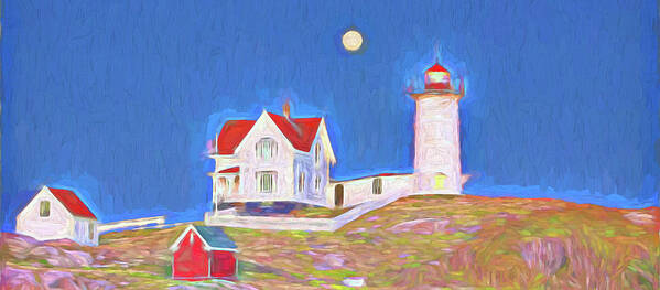 Vacationland Art Print featuring the digital art Nubble Lighthouse with Moon by David Smith