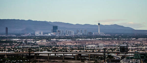 Strip Art Print featuring the photograph Las vegas city surrounded by red rock mountains and valley of fi #6 by Alex Grichenko