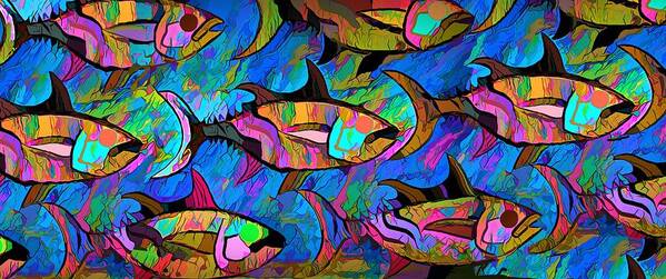 Modern Abstract Art Art Print featuring the painting A Wall Of Fish by Joan Stratton