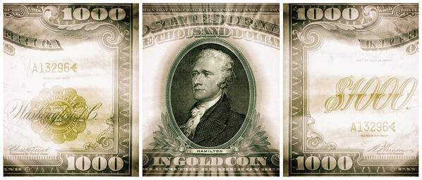 Hamilton Art Print featuring the digital art Alexander Hamilton 1907 American One Thousand Dollar Bill Currency Triptych by Shawn O'Brien