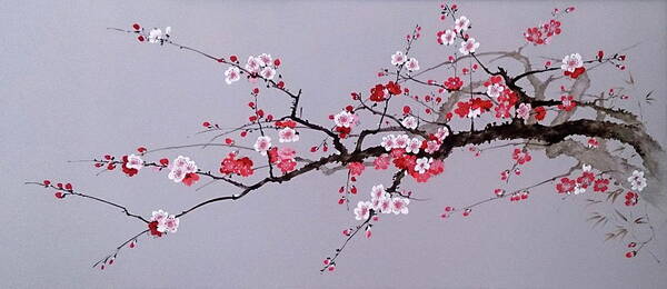 Russian Artists New Wave Art Print featuring the painting Cherry Branch with Pink, White and Red Flowers by Alina Oseeva