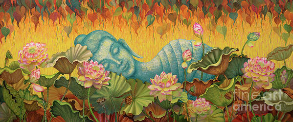 Buddha Paintings Art Print featuring the painting Reclining BUDDHA #2 by Yuliya Glavnaya