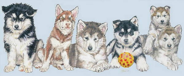 Malamute Art Print featuring the mixed media Alaskan Malamute Puppies by Barbara Keith