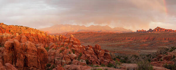 Arches National Park Art Print featuring the photograph Fiery Furnace Sunset Panorama by Aaron Spong