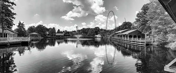 Magic Springs Art Print featuring the photograph Magic Springs Park Panorama in Black and White - Hot Springs Arkansas by Gregory Ballos