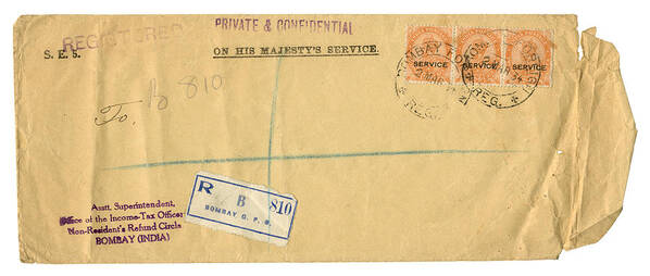 Information Medium Art Print featuring the photograph Registered OHMS envelope from Bombay, India, 1934 by Whitemay