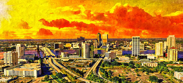 Downtown Jacksonville Art Print featuring the digital art Skyline of downtown Jacksonville at sunset - digital painting by Nicko Prints