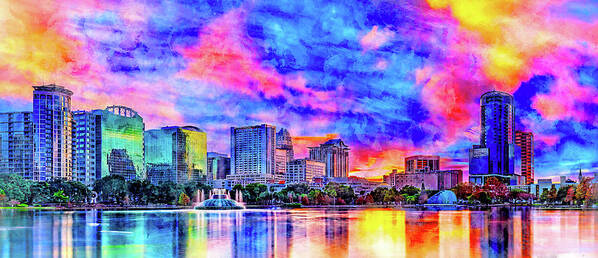Downtown Orlando Art Print featuring the digital art Skyline of downtown Orlando, Florida, seen at sunset from lake Eola - ink and watercolor by Nicko Prints