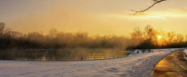 Snow Art Print featuring the photograph Trexler Park Pond Foggy Winter Sunrise by Jason Fink