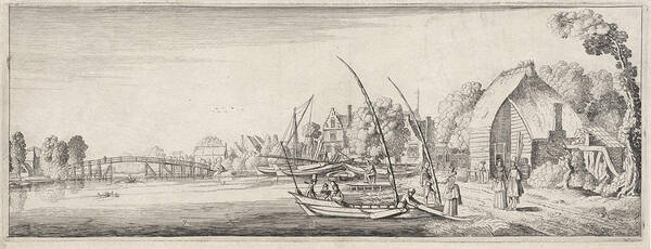 Passengers Art Print featuring the drawing Boats At A Village On A River, Jan Van De Velde II by Jan Van De Velde (ii)