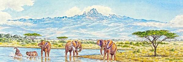 Joseph Thiongo Art Print featuring the painting Elephants Bathing by Joseph Thiongo