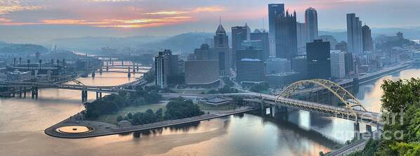 Pittsburgh Panorama Art Print featuring the photograph Morning Light Over the city of Bridges by Adam Jewell