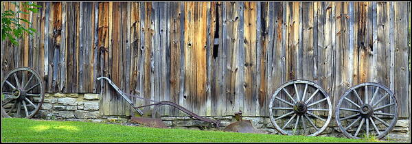 Wagon Wheels Art Print featuring the photograph Plow and Barn Study 2 by Kathy Barney