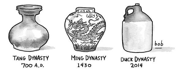 Captionless Television Shows Art Print featuring the drawing Three Vases From Various Epochs -- Tang Dynasty by Bob Eckstein