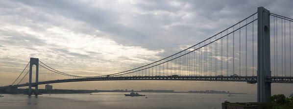 The Uss Cole Entering New York Harbor Under The Verrazano Narrows Bridge During 2014 Fleet Week Art Print featuring the photograph USS Cole and the Verrazano Narrows Bridge by Kenneth Cole