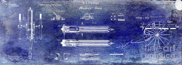 1865 Gatling Machine Gun Patent Drawing Art Print featuring the digital art 1865 Gatling Gun Patent by Jon Neidert