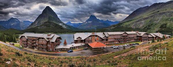 Many Glacier Lodge Panorama Art Print featuring the photograph Many Glacier Lodge Storms by Adam Jewell