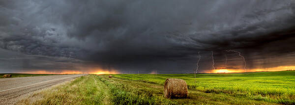 Art Print featuring the digital art Panoramic Lightning Storm in the Prairies by Mark Duffy