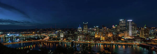 Terry D Photography Art Print featuring the photograph Pittsburgh Skyline at Dusk Panoramic by Terry DeLuco