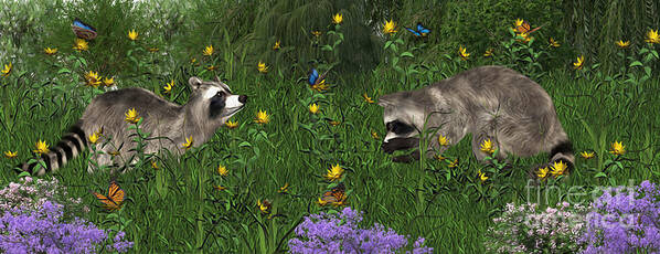 Raccoons Art Print featuring the digital art Two Raccoons with butterflys by Walter Colvin