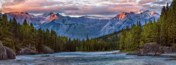 Banff National Park Art Print featuring the photograph Bow River Sunset reflections Panorama by Dave Dilli