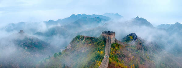Fog Art Print featuring the photograph Mother And Daughter Climbing The Steps On The Great Wall by Hua Zhu