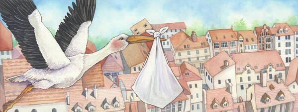 Stork Art Print featuring the painting New Arrival by Wendy Edelson