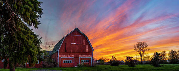 Red Barn At Sunset Art Print featuring the photograph Red Barn At Sunset by Mark Papke