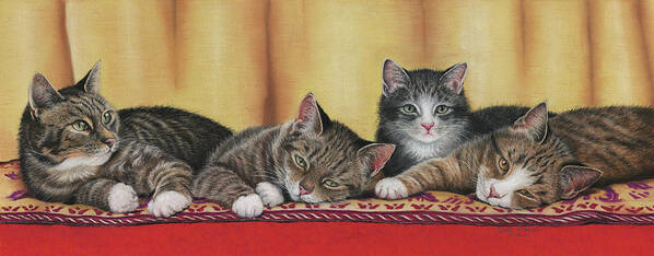 Relaxing Tabbies Art Print featuring the painting Relaxing Tabbies by Janet Pidoux