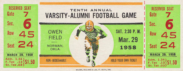 Ticket Art Print featuring the mixed media 1958 Oklahoma Varsity-Alumni by Row One Brand