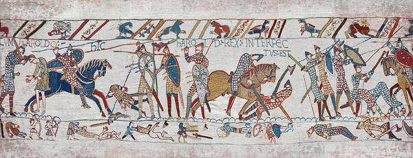 William The Conqueror Art Print featuring the tapestry - textile Bayeux Tapestry scene 57 King Harold is killed by an arrow in his eye by Paul E Williams