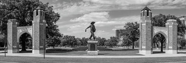 Sower Statue Art Print featuring the photograph Sower Statue on the campus of the University of Oklahoma in panoramic black and white by Eldon McGraw