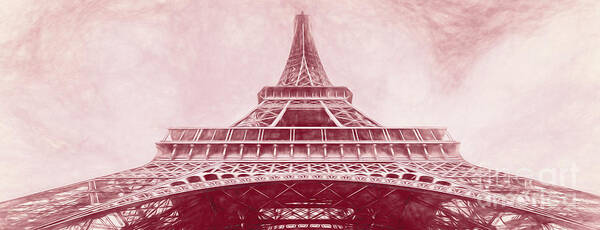 Eiffel Tower Art Print featuring the photograph Under The Eiffel Tower, Paris, Red Sketch, Pano by Liesl Walsh